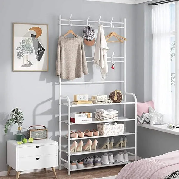 👟🧢 Multi-Functional Shoe & Hat Rack | 4-Tier Metal Shelf with Hooks